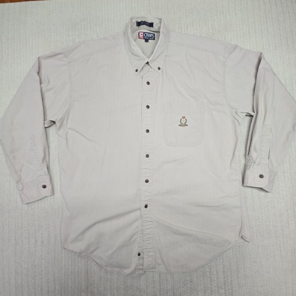 Chaps Ralph Lauren Shirt Mens Large Beige Long Sleeve Button Down Crest Pocket